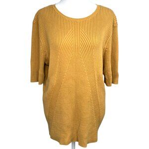 Coldwater Creek Sweater Top Ribbed Cotton Short Sleeve Mustard Medium